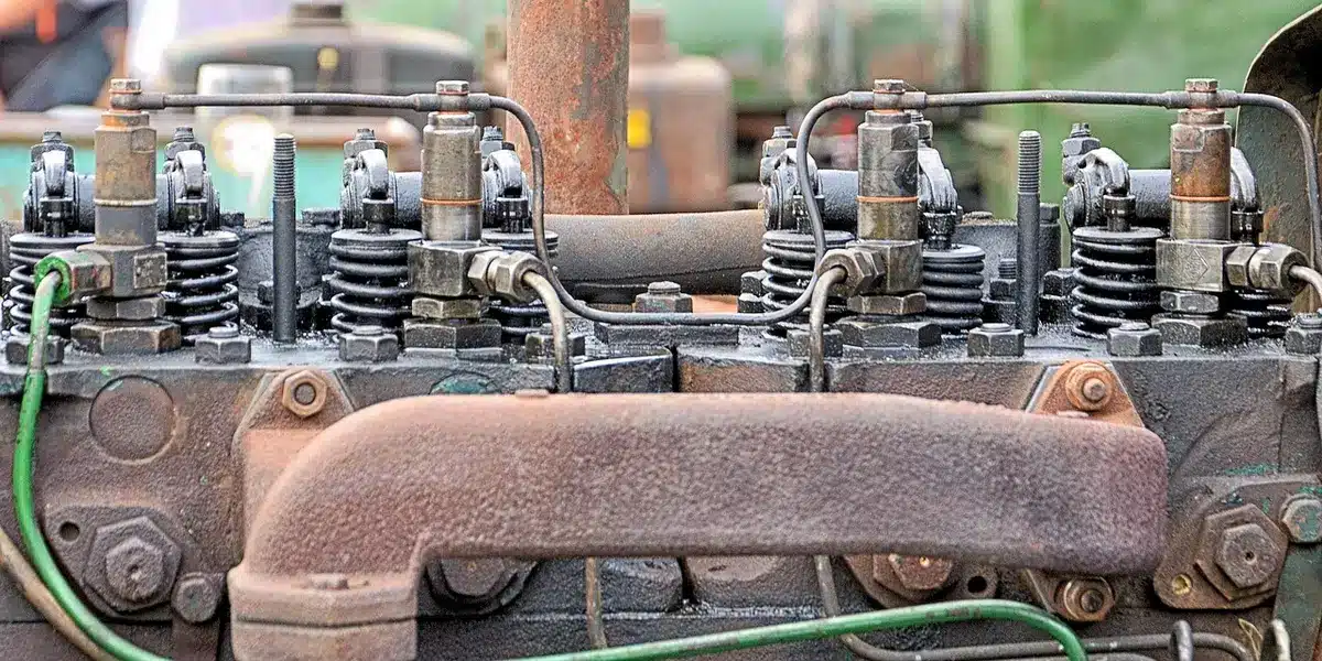 Close-up of a pickup engine bay showing hybrid components and diesel layout