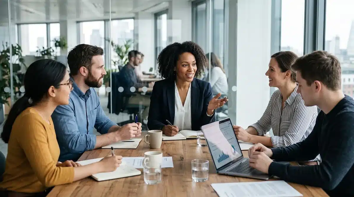 IT procurement team reviewing documents at a conference table
